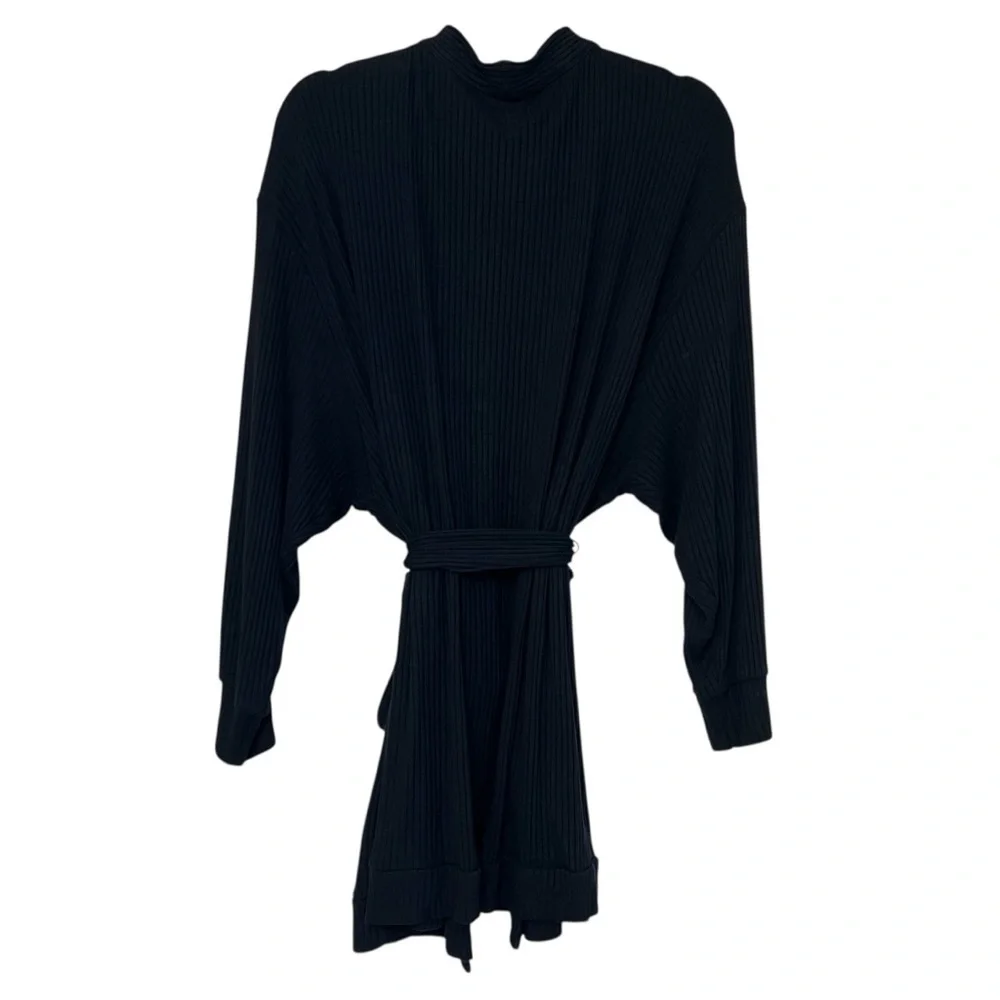 Beyond Yoga Coffee Run Ribbed Tie Waist Cardigan Black 1X Casual Lounge Cozy